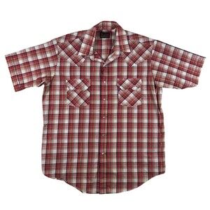 Plains Shirt Mens Large Red Plaid Short Sleeve Western Snap Pockets Casual